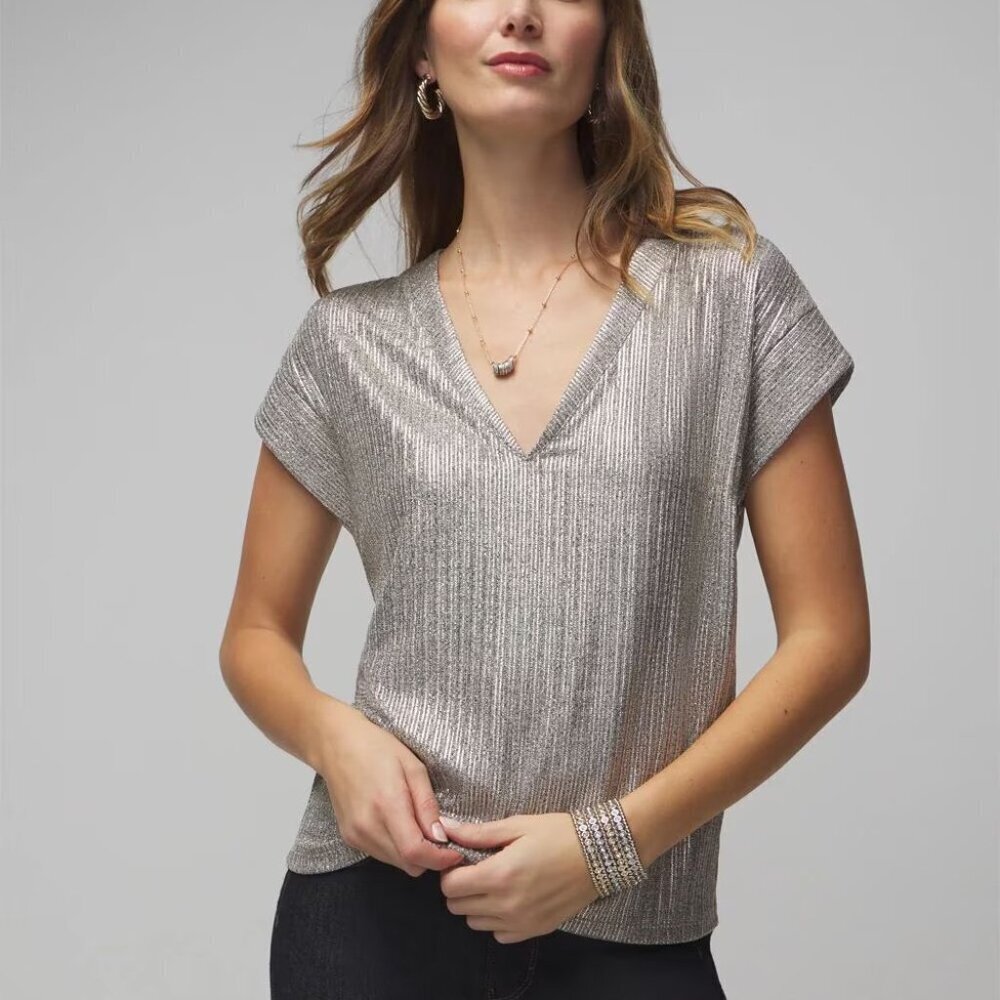 WHBM Metallic Short Sleeve Rib Power Tee - V Neck - Sz Small